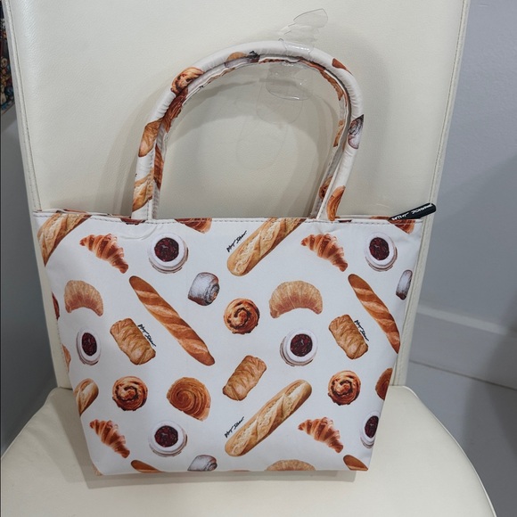 Betsey Johnson White/Brown/ "Croissants/Jam/French Pastry Print Lunch Tote Bag - Picture 4 of 5